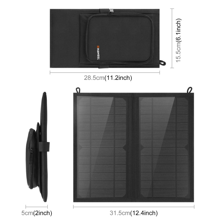 Túi sạc pin năng lượng mặt trời gập 12W 2 tấm HAWEEL với 2 cổng USB 5V / 3.1A tối đa, hỗ trợ QC3.0 và AFC, 12W 2 tấm