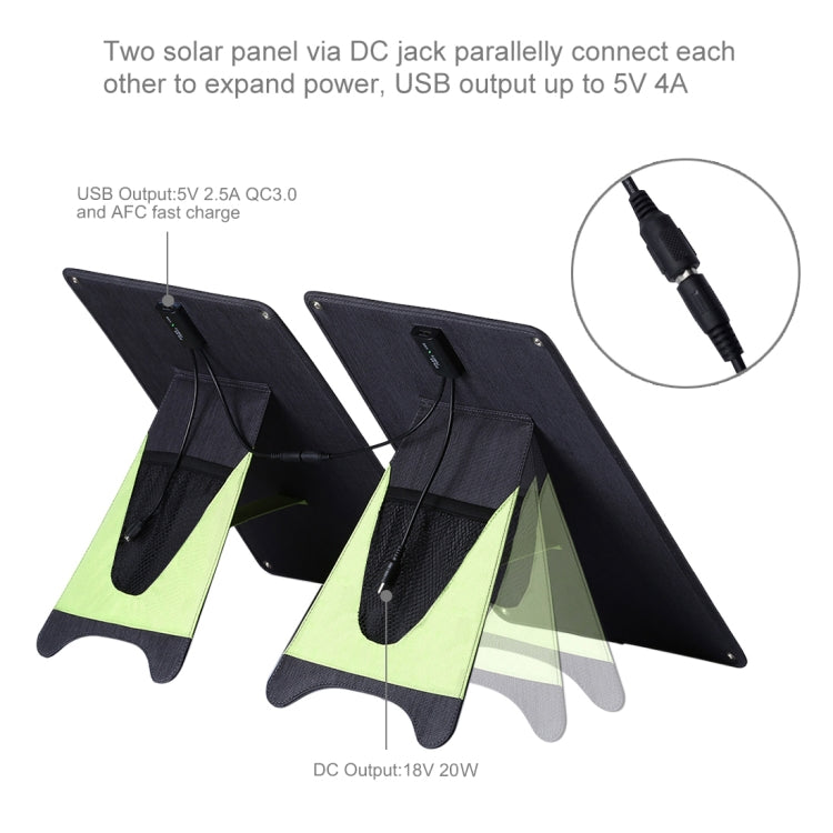 Sạc pin năng lượng mặt trời silicon đơn tinh thể di động HAWEEL 20W, có cổng USB, giá đỡ và kẹp hổ, hỗ trợ QC3.0 và AFC