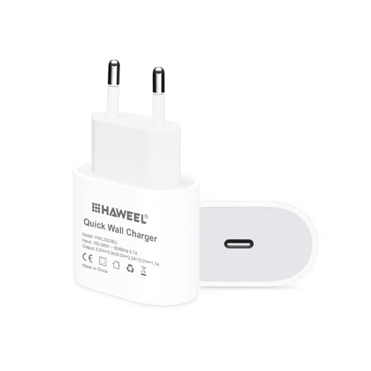 Bộ Sạc Du Lịch HAWEEL PD 20W Giao Diện USB-C / Type-C Đơn, Hỗ Trợ Toàn Bộ Giao Thức QC, Phích Cắm EU, Bộ Sạc QC Phích Cắm EU