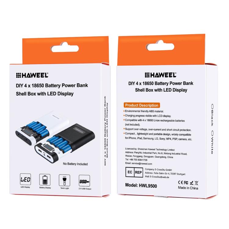 Vỏ pin sạc dự phòng DIY HAWEEL 4 pin 18650 (không kèm pin) 10000mAh có 2 cổng USB & màn hình cho iPhone, Galaxy, Sony, HTC, Google, Huawei, Xiaomi, Lenovo và các điện thoại thông minh khác, DIY 4 pin 18650 10000mAh (US)