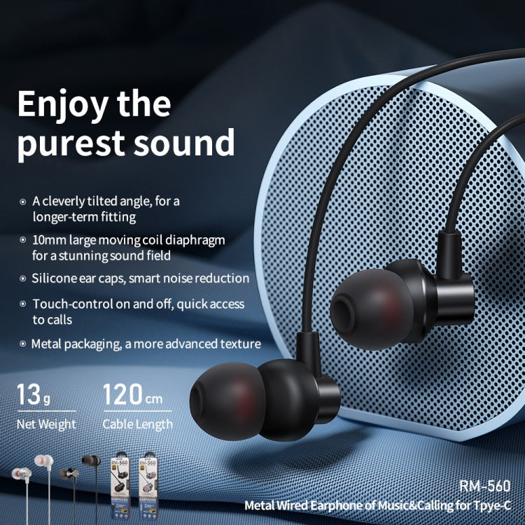 Tai nghe nhét tai stereo kim loại REMAX RM-560 Type-C có điều khiển dây + MIC, Hỗ trợ rảnh tay, Không dành cho điện thoại Samsung