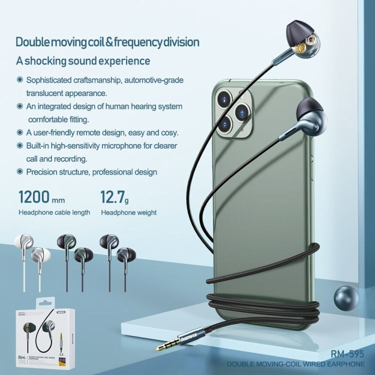 Tai nghe nhạc stereo kim loại nhét tai REMAX RM-595 đầu cắm 3.5mm mạ vàng, tác động kép, có điều khiển dây + MIC, hỗ trợ rảnh tay