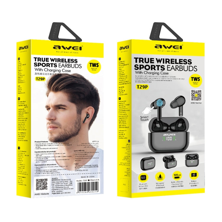 awei T29P Bluetooth V5.0 LED Digital Display Ture Wireless Sports IPX4 Waterproof TWS Headset with Charging Case