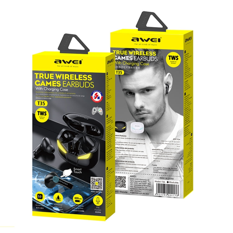 Tai nghe thể thao không dây awei T35 Bluetooth V5.0 TWS chế độ đôi chơi game chống nước IPX5 kèm hộp sạc