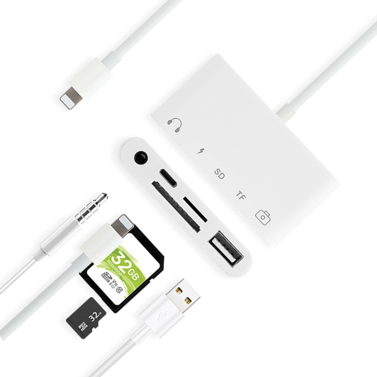 Bộ chia 5 trong 1 8 chân sang USB HUB và USB-C / Type-C và tai nghe 3.5mm và đầu đọc thẻ SD và TF