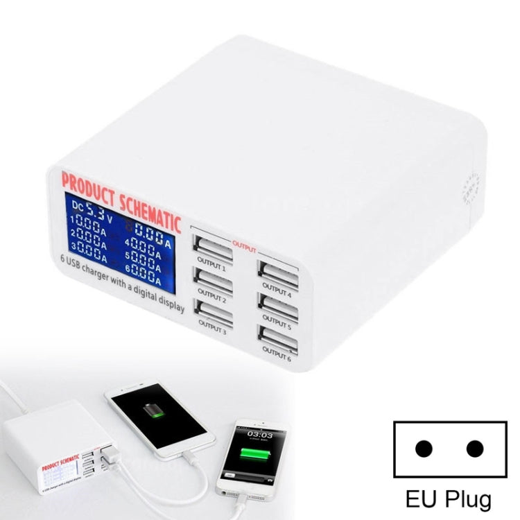 Bộ sạc nhanh 30W QC 3.0 6 cổng USB 899 có màn hình LCD kỹ thuật số, phích cắm EU, mã 899