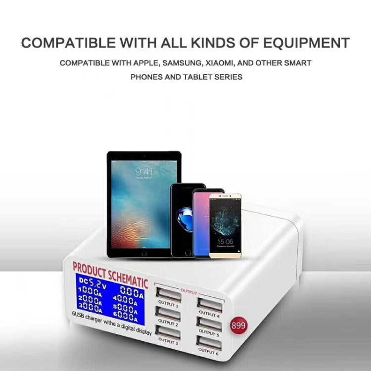 Bộ sạc nhanh 30W QC 3.0 6 cổng USB 899 có màn hình LCD kỹ thuật số, phích cắm EU, mã 899