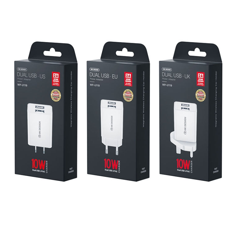 WK WP-U119 Bộ Sạc Du Lịch 10W 2 Cổng USB, Phích Cắm US, WP-U119 Phích Cắm US