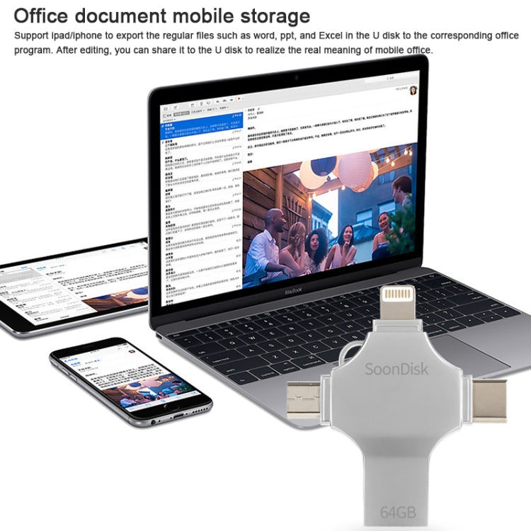 USB 4 Trong 1 64GB USB 3.0 + 8 Chân + Micro USB + USB-C / Type-C Ổ Đĩa Flash Đa Năng Có Chức Năng OTG, 64GB