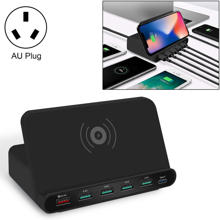 828W Bộ Sạc Đa Năng 7 Trong 1 60W QC 3.0 Gồm Cổng USB + 4 Cổng USB + Cổng USB-C / Type-C + Sạc Không Dây Có Chức Năng Giá Đỡ Điện Thoại, Phích Cắm Úc, Phích Cắm Úc Màu Đen, Phích Cắm Úc Màu Trắng