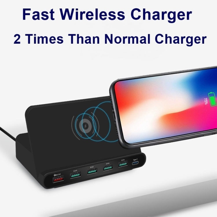 828W Bộ Sạc Đa Năng 7 Trong 1 60W QC 3.0 Gồm Cổng USB + 4 Cổng USB + Cổng USB-C / Type-C + Sạc Không Dây Có Chức Năng Giá Đỡ Điện Thoại, Phích Cắm Úc, Phích Cắm Úc Màu Đen, Phích Cắm Úc Màu Trắng