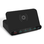 Bộ sạc đa năng 7 trong 1 828W 60W QC 3.0 giao diện USB + 4 cổng USB + giao diện USB-C / Type-C + sạc không dây kèm chức năng giá đỡ điện thoại di động, phích cắm UK, phích cắm UK màu đen, phích cắm UK màu trắng