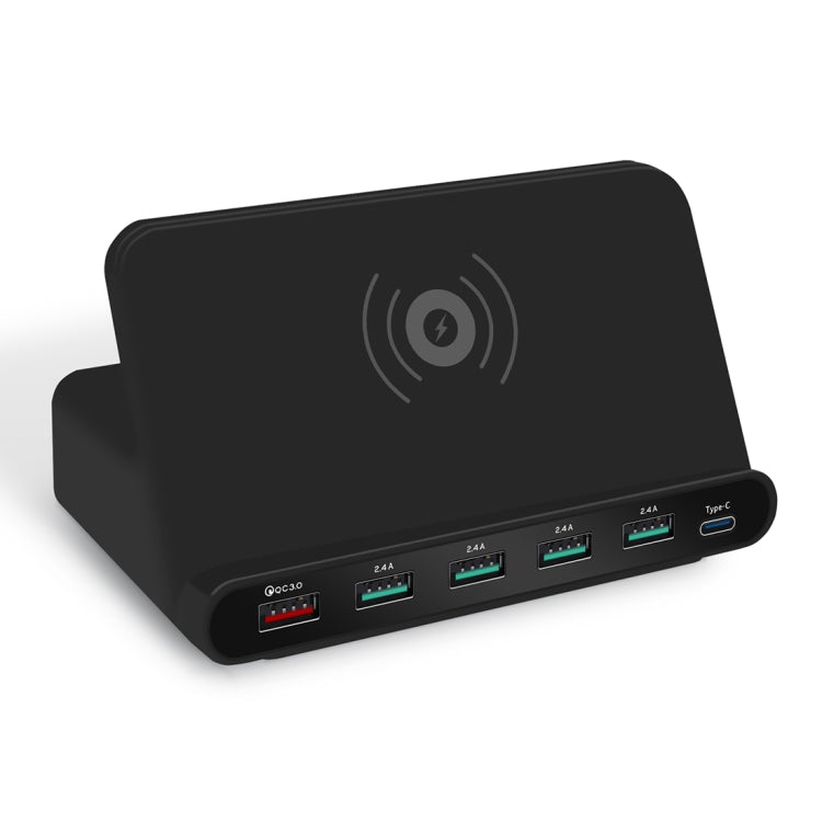 Bộ sạc đa năng 7 trong 1 828W 60W QC 3.0 giao diện USB + 4 cổng USB + giao diện USB-C / Type-C + sạc không dây kèm chức năng giá đỡ điện thoại di động, phích cắm UK, phích cắm UK màu đen, phích cắm UK màu trắng