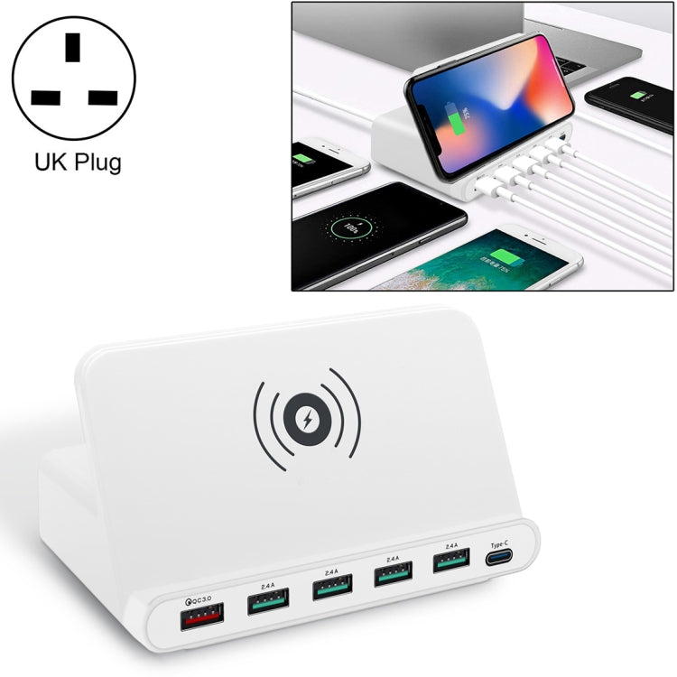 Bộ sạc đa năng 7 trong 1 828W 60W QC 3.0 giao diện USB + 4 cổng USB + giao diện USB-C / Type-C + sạc không dây kèm chức năng giá đỡ điện thoại di động, phích cắm UK, phích cắm UK màu đen, phích cắm UK màu trắng