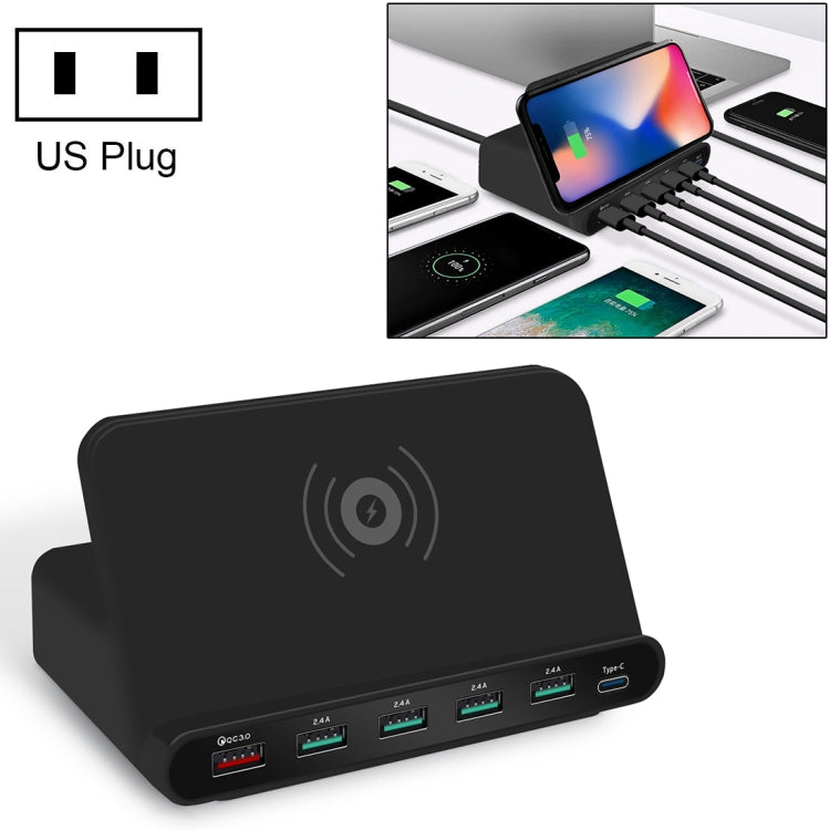 828W Bộ Sạc Đa Năng 7 Trong 1 60W QC 3.0 Gồm Cổng USB + 4 Cổng USB + Cổng USB-C / Type-C + Sạc Không Dây Có Chức Năng Giá Đỡ Điện Thoại, Phích Cắm Mỹ, Phích Cắm Mỹ Màu Đen, Phích Cắm Mỹ Màu Trắng