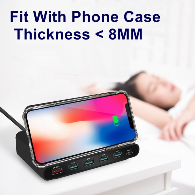 828W Bộ Sạc Đa Năng 7 Trong 1 60W QC 3.0 Gồm Cổng USB + 4 Cổng USB + Cổng USB-C / Type-C + Sạc Không Dây Có Chức Năng Giá Đỡ Điện Thoại, Phích Cắm Mỹ, Phích Cắm Mỹ Màu Đen, Phích Cắm Mỹ Màu Trắng