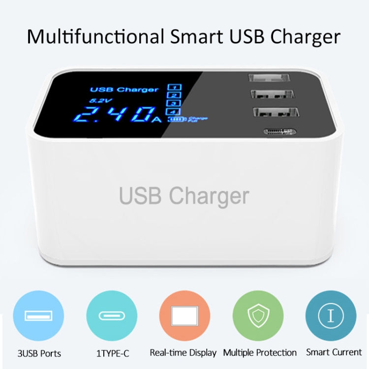 Bộ sạc đa năng CDA30 20W 3 cổng USB + cổng USB-C / Type-C có màn hình LED, phích cắm US, phích cắm US