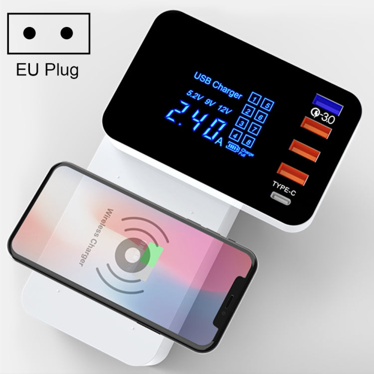 Bộ sạc đa năng gập CDA33QW 40W QC 3.0 cổng USB + 3 cổng USB + cổng USB-C / Type-C + sạc không dây có màn hình LED, phích cắm EU, phích cắm EU