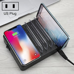 Bộ sạc đa năng 50W 6 cổng USB + 2 cổng USB-C / Type-C + sạc không dây có màn hình LED & viền tháo rời, phích cắm US, phích cắm US