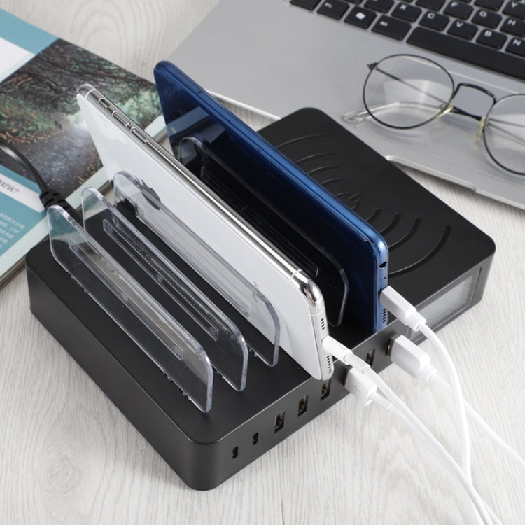 Bộ sạc đa năng 50W 6 cổng USB + 2 cổng USB-C / Type-C + sạc không dây có màn hình LED & viền tháo rời, phích cắm EU, phích cắm EU