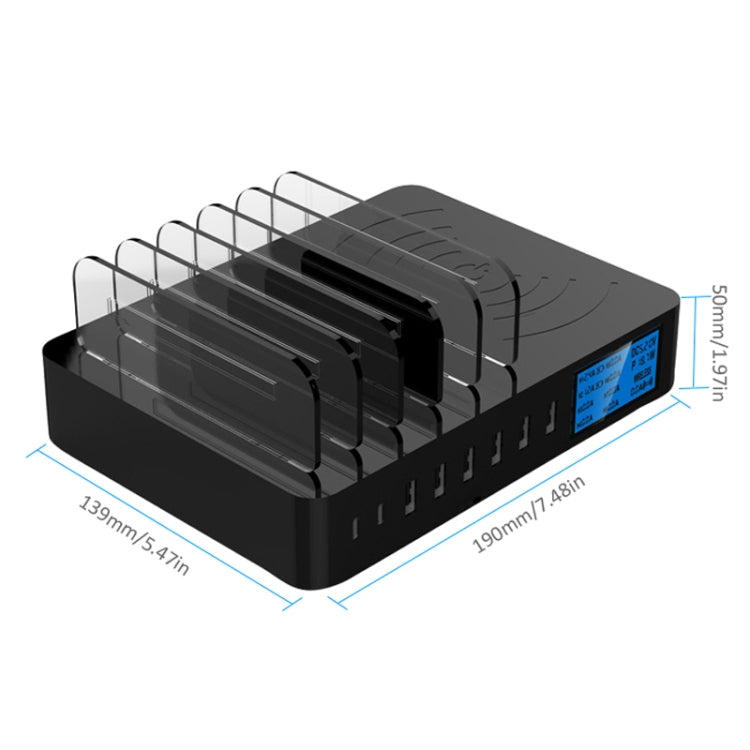 Bộ sạc đa năng 50W 6 cổng USB + 2 cổng USB-C / Type-C + sạc không dây có màn hình LED & viền tháo rời, phích cắm US, phích cắm US