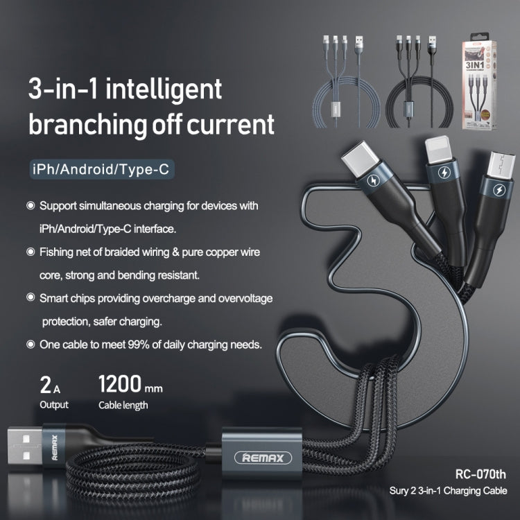 Cáp sạc REMAX RC-070TH 1.2m 2A 3 trong 1 USB sang 8 chân & USB-C / Type-C & Micro USB