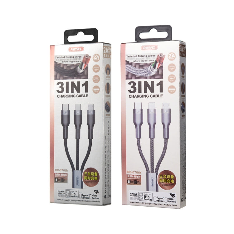 Cáp sạc REMAX RC-070TH 1.2m 2A 3 trong 1 USB sang 8 chân & USB-C / Type-C & Micro USB