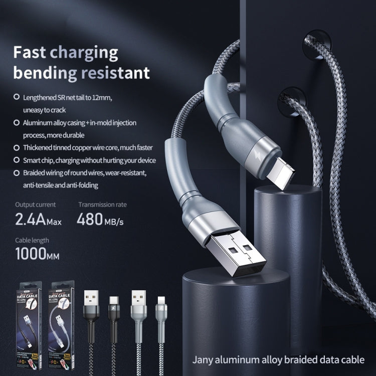 Cáp dữ liệu sạc nhanh REMAX RC-124i 1m 2.4A USB sang 8 chân bện hợp kim nhôm cho iPhone, iPad, 8 chân