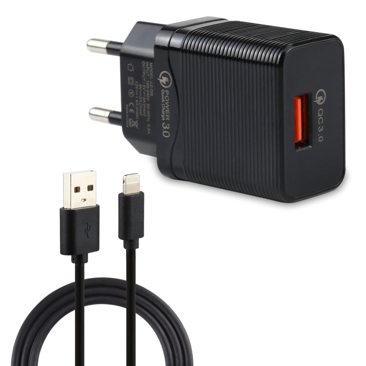 Bộ sạc du lịch 2 trong 1 LZ-728 18W QC 3.0 USB + cáp dữ liệu USB sang 8 Pin, phích cắm EU, chiều dài cáp: 1m, kèm cáp 8 Pin