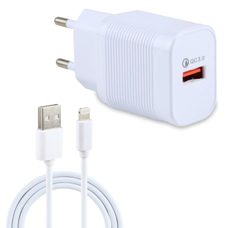 Bộ sạc du lịch 2 trong 1 LZ-728 18W QC 3.0 USB + cáp dữ liệu USB sang 8 Pin, phích cắm EU, chiều dài cáp: 1m, kèm cáp 8 Pin