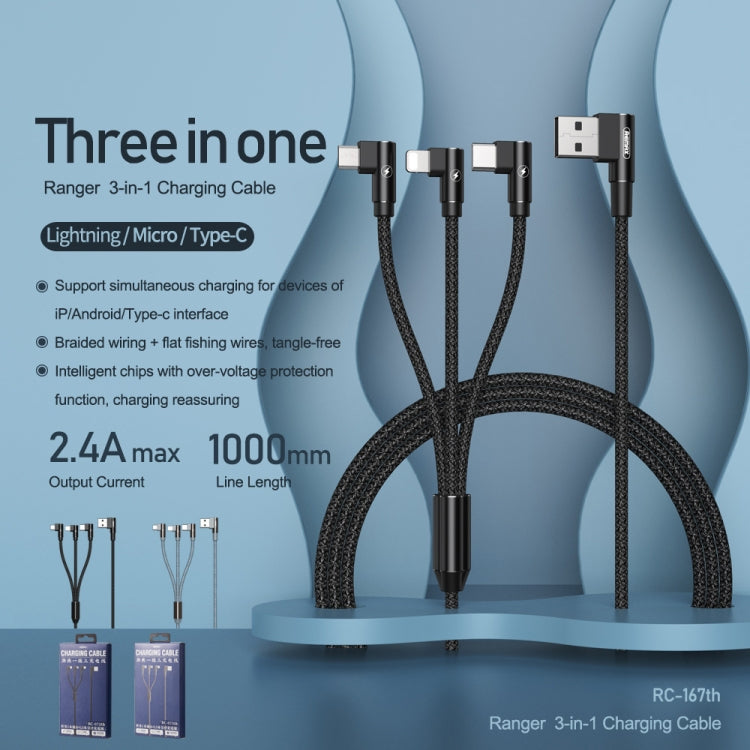REMAX RC-167th Cáp sạc góc 3 trong 1 2.1A USB sang 8 chân + USB-C / Type-C + Micro USB dòng Range, chiều dài cáp: 1m