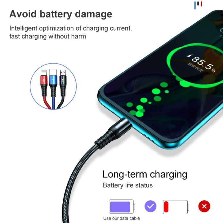 K061 Cáp dữ liệu sạc nhanh tròn 3 trong 1 USB sang 8 chân + USB-C / Type-C + Micro USB dài 1.2m 5A
