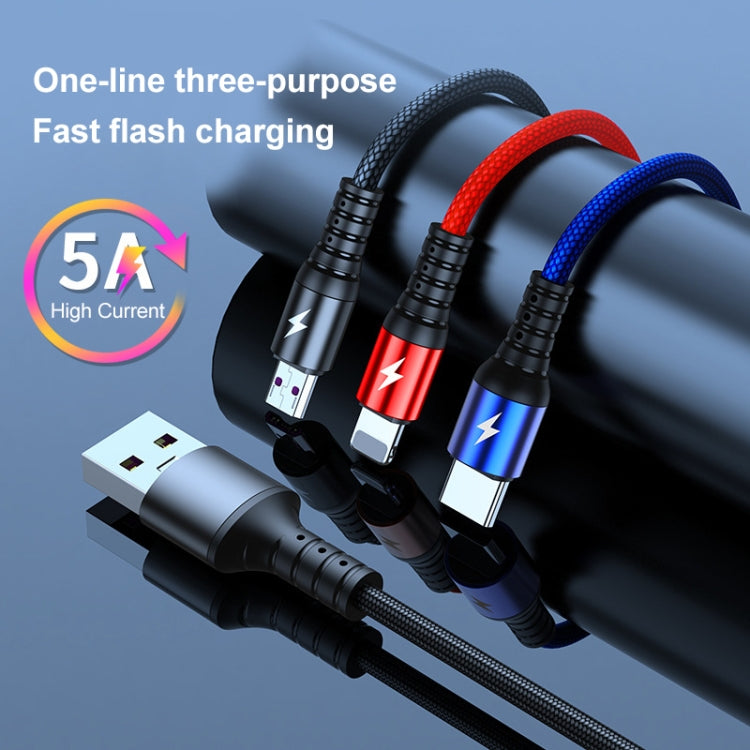 K061 Cáp dữ liệu sạc nhanh tròn 3 trong 1 USB sang 8 chân + USB-C / Type-C + Micro USB dài 1.2m 5A