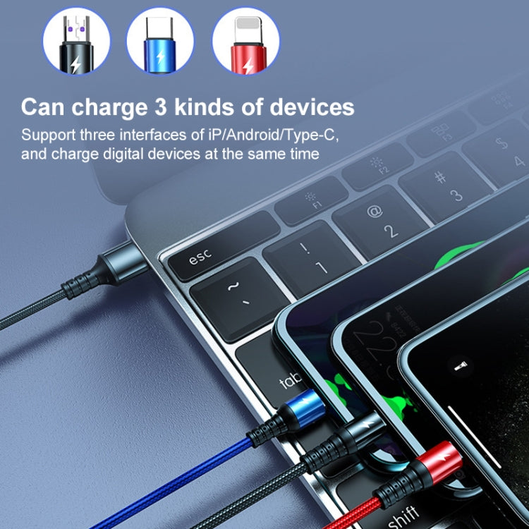 K061 Cáp dữ liệu sạc nhanh tròn 3 trong 1 USB sang 8 chân + USB-C / Type-C + Micro USB dài 1.2m 5A