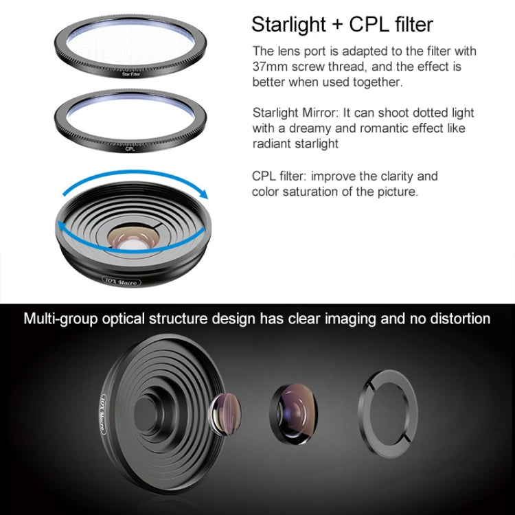 Bộ ống kính APEXEL APL-HB10X Macro Telephoto kẹp + Bộ lọc ánh sáng sao + CPL, APL-HB10X