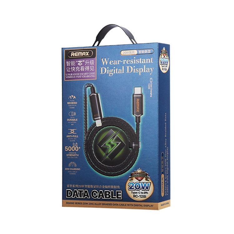 REMAX RC-128i Cáp dữ liệu sạc nhanh 20W hợp kim kẽm bện USB Type-C / USB-C sang 8 chân có màn hình kỹ thuật số thông minh, chiều dài: 1.2m