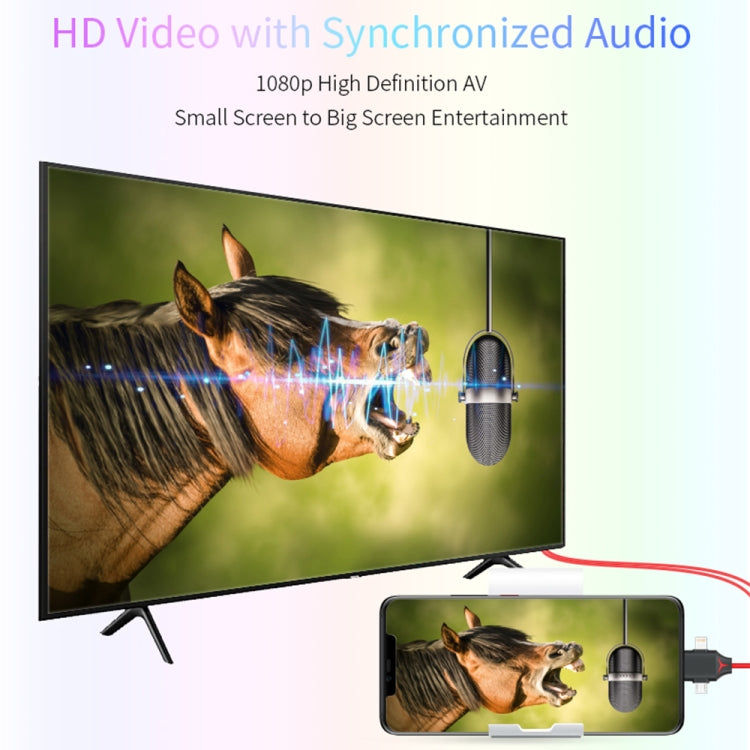 Cáp chuyển đổi video MiraScreen L7-8 3 trong 1 8 chân + Micro USB + USB-C / Type-C sang HDMI, Chiều dài cáp: 2m, 3 trong 1 HDMI