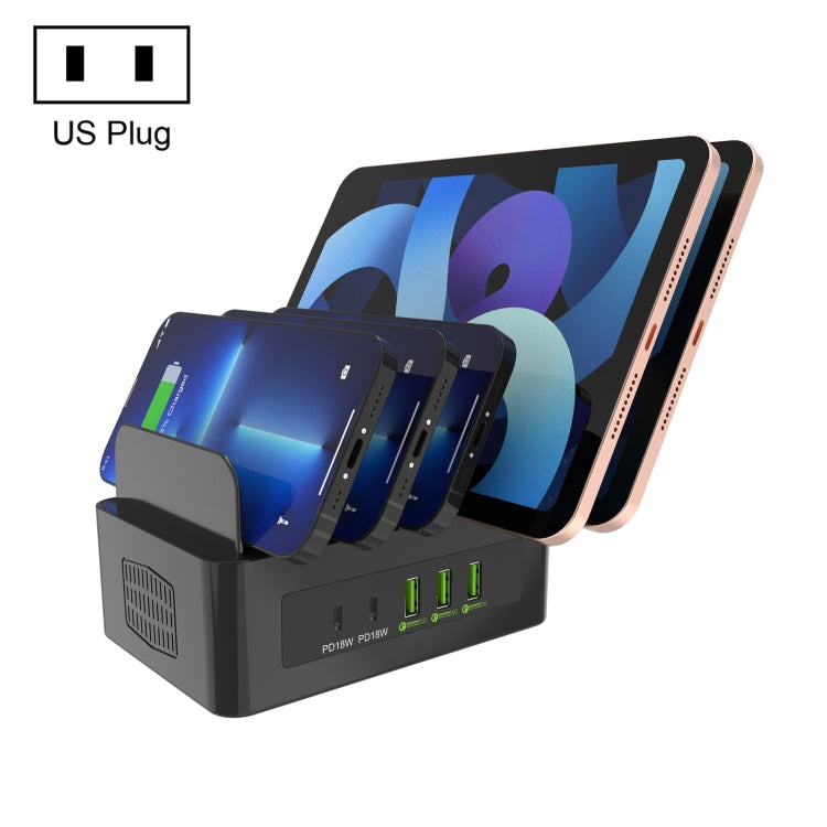 Trạm sạc thông minh 5 cổng USB + Type-C 100W YFY-A54 với giá đỡ điện thoại & máy tính bảng, phích cắm US, YFY-A54