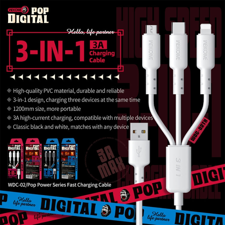 WEKOME WDC-02 Dòng Năng Lượng Thủy Triều 3A Cáp Dữ Liệu USB sang 8 Pin+Type-C+Micro USB 3 trong 1 PVC, Chiều dài: 1.2m