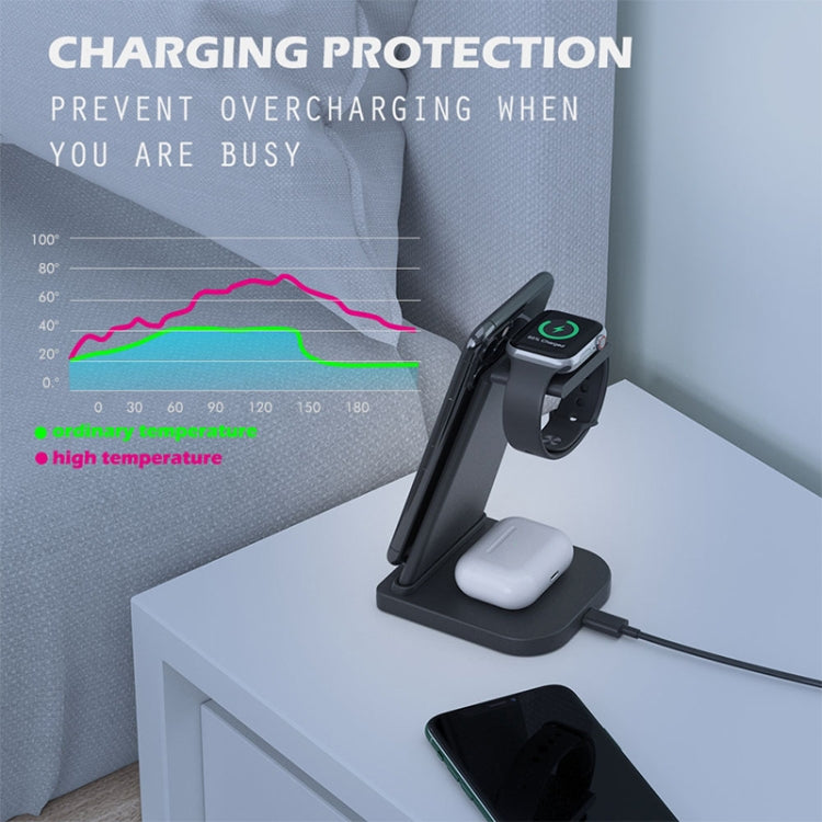 Sạc không dây đa chức năng 3 trong 1 QC 3.0 10W đứng, có chức năng giá đỡ, phù hợp cho điện thoại di động / Apple Watch / AirPods
