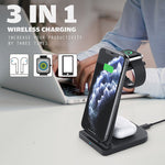 Sạc không dây đa chức năng 3 trong 1 QC 3.0 10W đứng, có chức năng giá đỡ, phù hợp cho điện thoại di động / Apple Watch / AirPods