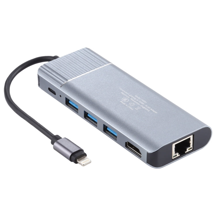 Bộ chuyển đổi đa chức năng 6 trong 1 USB 2.0 x 3 + HDMI + RJ45 + cổng sạc 8 Pin cái sang 8 Pin đực, mã 79591
