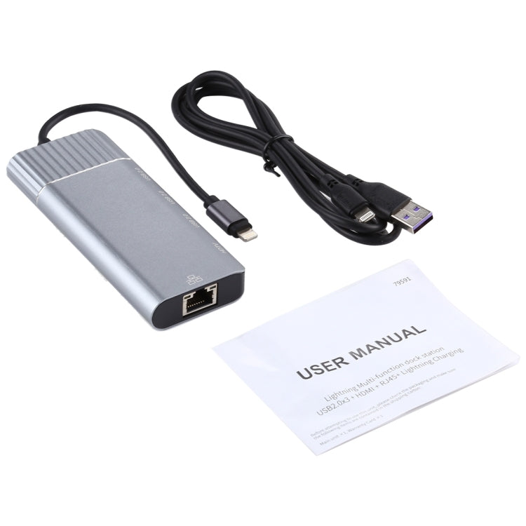 Bộ chuyển đổi đa chức năng 6 trong 1 USB 2.0 x 3 + HDMI + RJ45 + cổng sạc 8 Pin cái sang 8 Pin đực, mã 79591