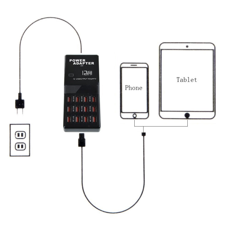 Đế sạc nhanh thông minh để bàn W-858 12A 12 cổng USB, AC100-240V, phích cắm US, phích cắm US