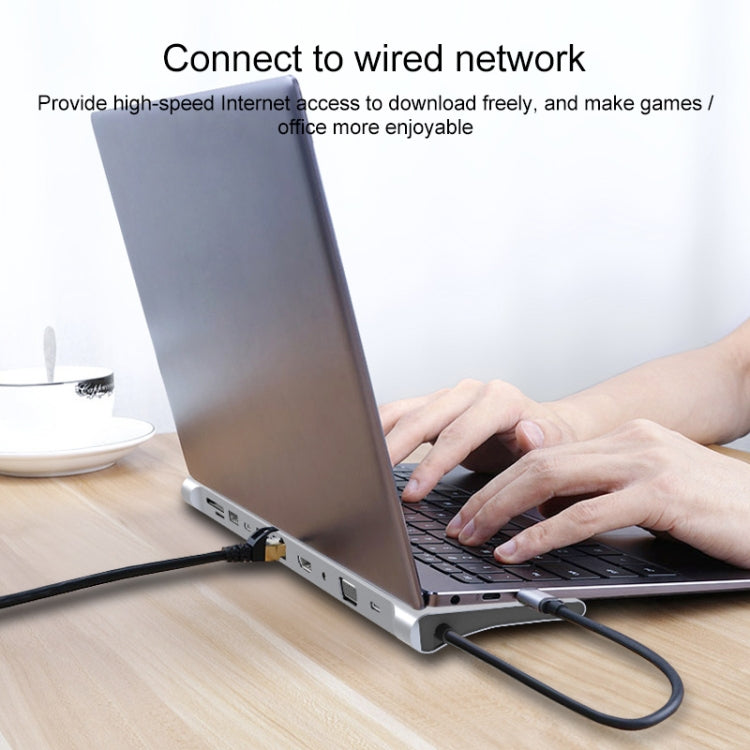 Bộ chia HUB 11 trong 1 RJ45 + 87W PD + SD/TF + USBx3 + HDMI + VGA + AUX 3.5mm sang Type-C, 11 trong 1