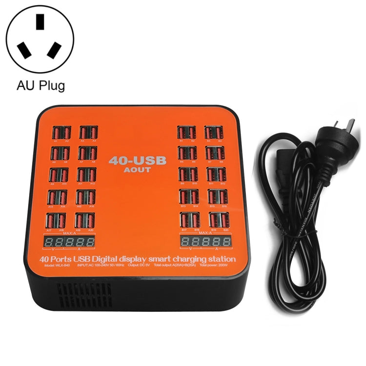 Trạm sạc thông minh màn hình kỹ thuật số USB 40 cổng 200W WLX-840 AC100-240V, phích cắm AU (Đen+Cam), phích cắm AU