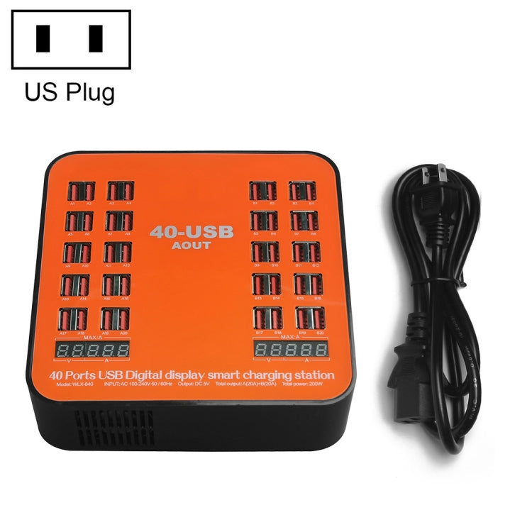 Trạm sạc thông minh màn hình kỹ thuật số USB 40 cổng 200W WLX-840 AC100-240V, phích cắm US (Đen+Cam), phích cắm US