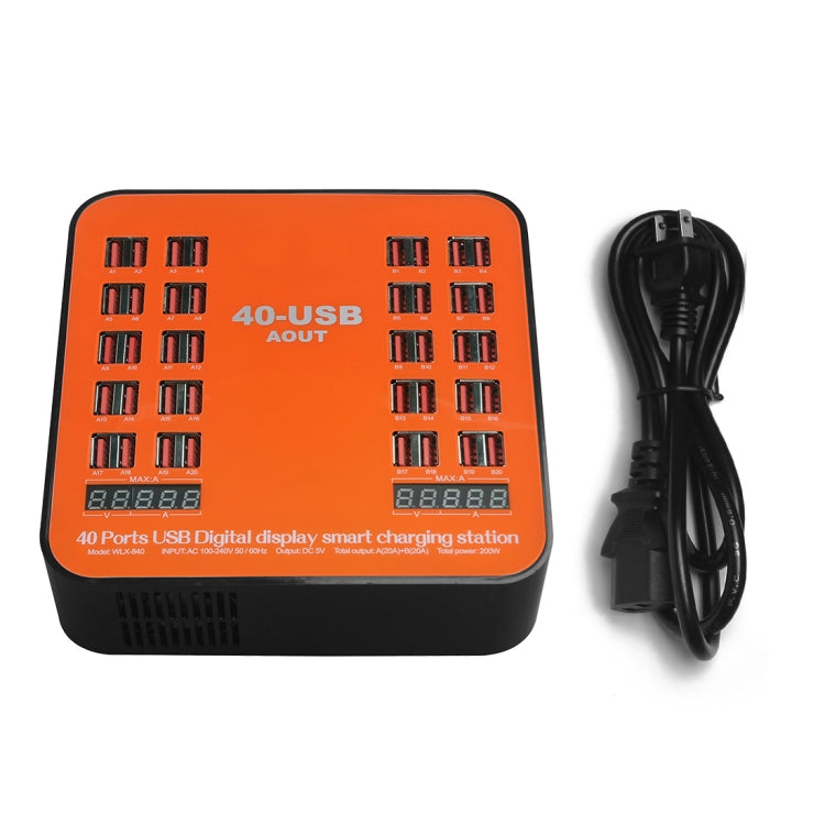 Trạm sạc thông minh màn hình kỹ thuật số USB 40 cổng 200W WLX-840 AC100-240V, phích cắm US (Đen+Cam), phích cắm US