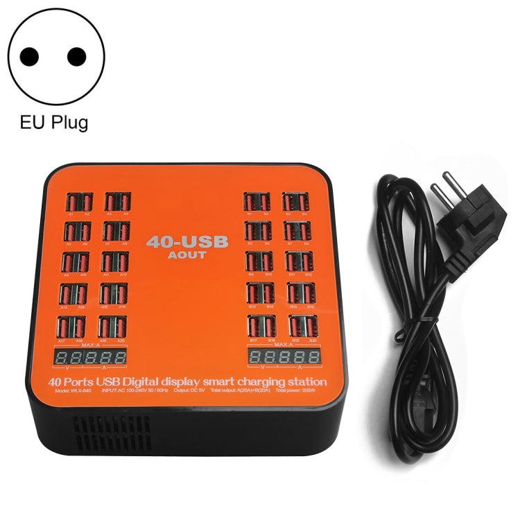 Trạm sạc thông minh màn hình kỹ thuật số USB 40 cổng 200W WLX-840 AC100-240V, phích cắm EU (Đen+Cam), phích cắm EU