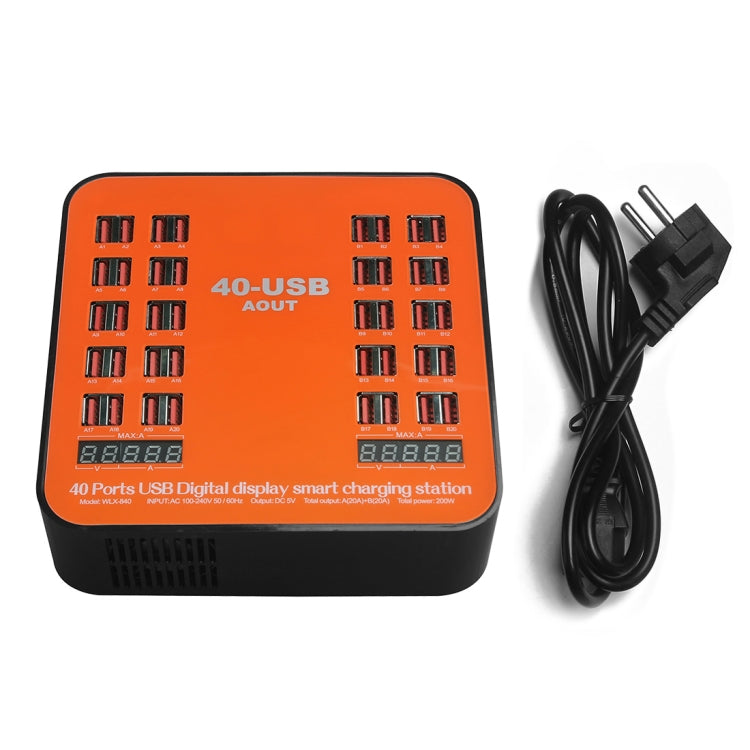 Trạm sạc thông minh màn hình kỹ thuật số USB 40 cổng 200W WLX-840 AC100-240V, phích cắm EU (Đen+Cam), phích cắm EU